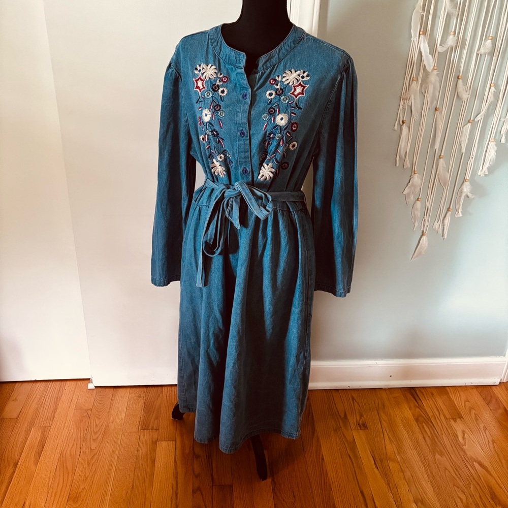 Vintage Denim Moves Embroidered Blue Denim Dress XL